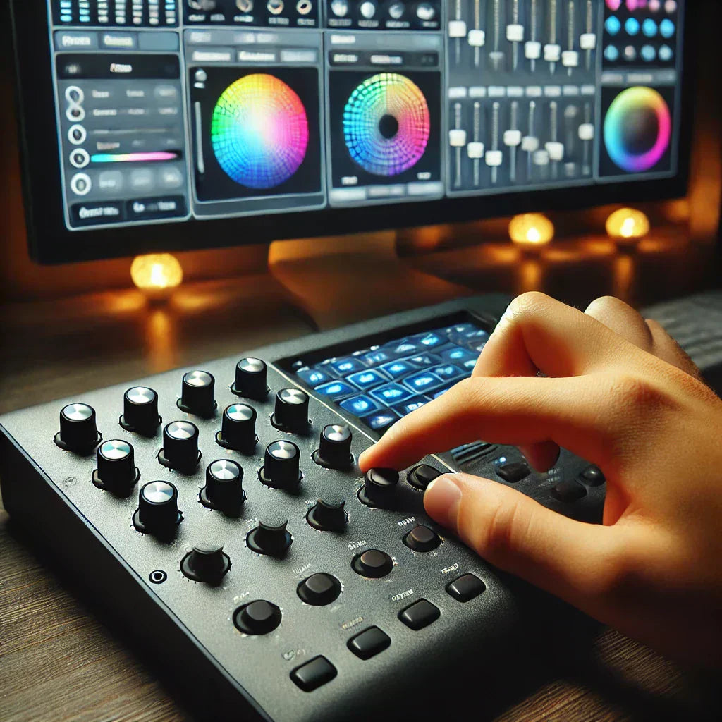 Beginner programming a DMX light show using LED fixtures, a controller, and lighting software on a laptop blogpost cover