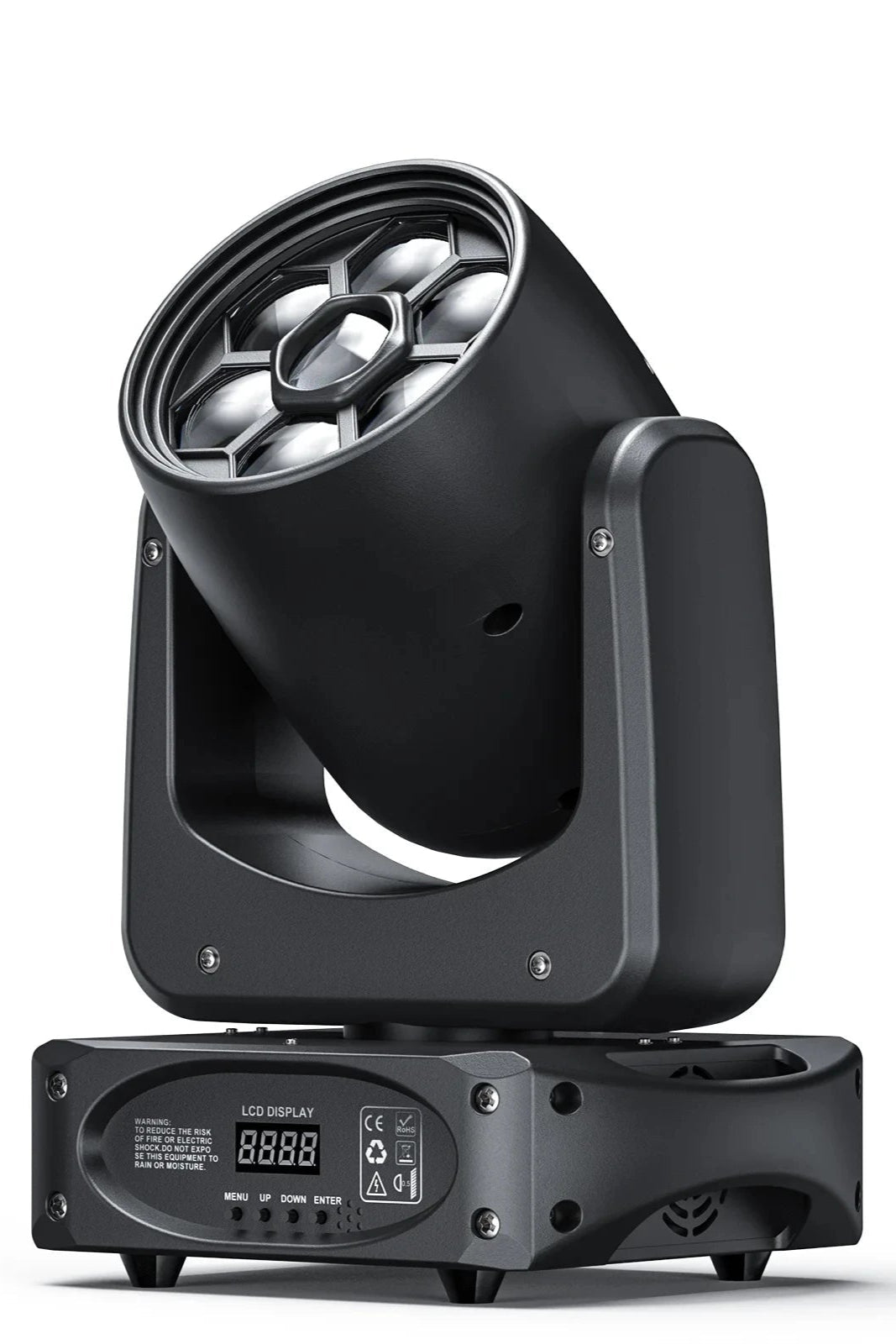 Professional RGBW Moving Head Light with 0.008° precision control in black aluminum housing
