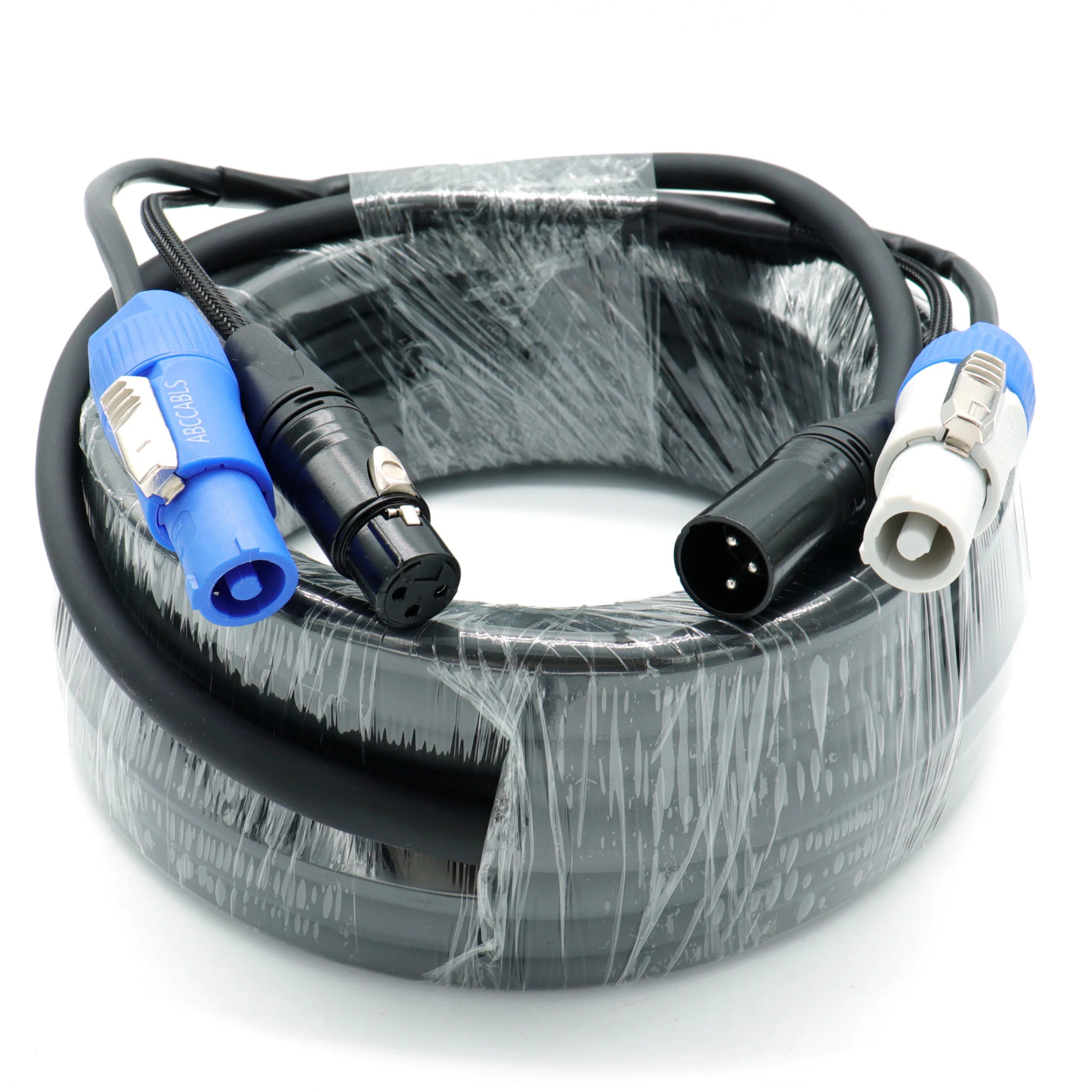 Close-up of a heavy-duty 3-pin XLR to Powercon combo cable with secure connectors, designed for professional stage lighting and audio systems. cable front.