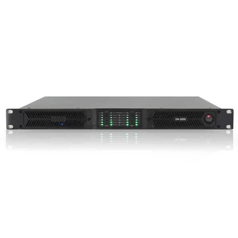 D4-1300 professional quad-channel amplifier front panel with multi-function LED indicators and dust protection front view 