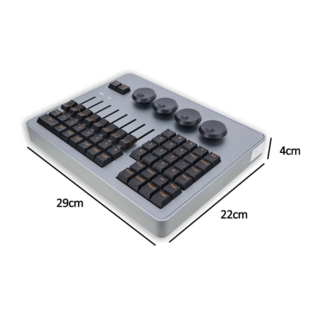 Close-up of tactile gold-contact buttons on DMX512 stage lighting controller