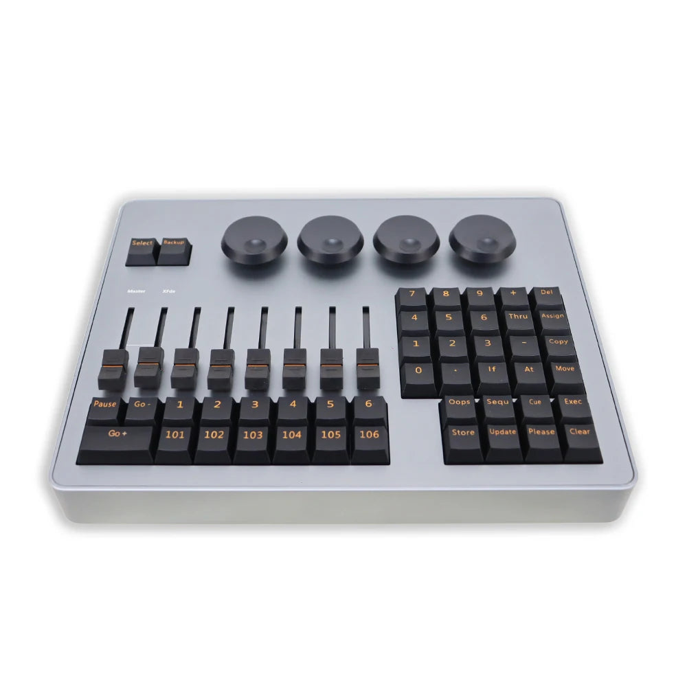 Premium DMX512 lighting controller with aluminum housing and precision faders for professional stage productions