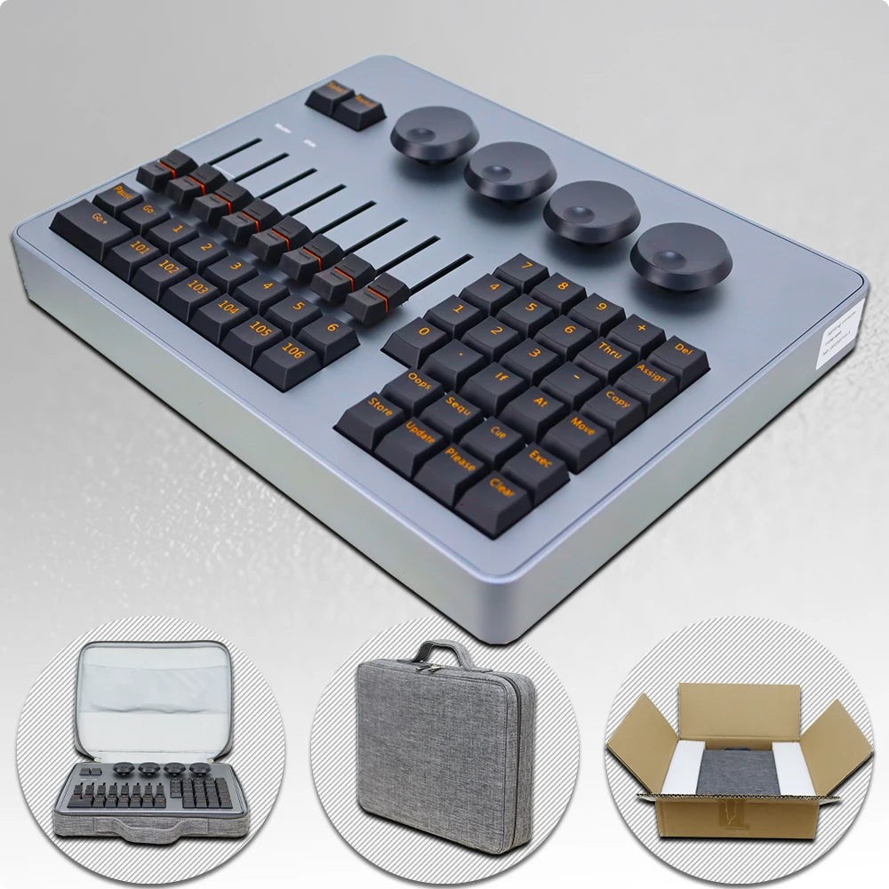 Premium DMX512 lighting controller with aluminum housing and precision faders for professional stage productions