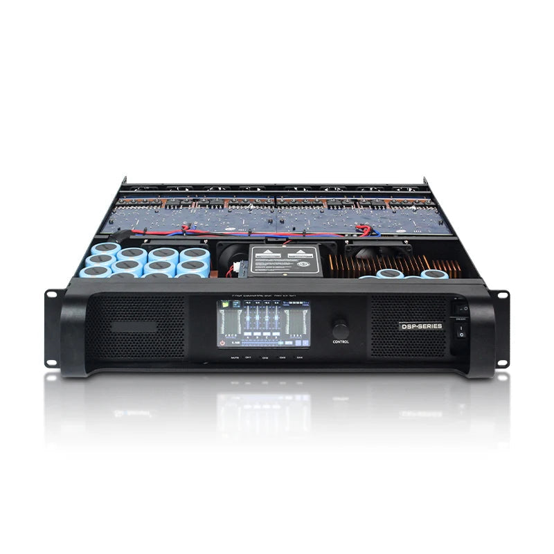 2100W DSP power amplifier with 4.3-inch touchscreen interface