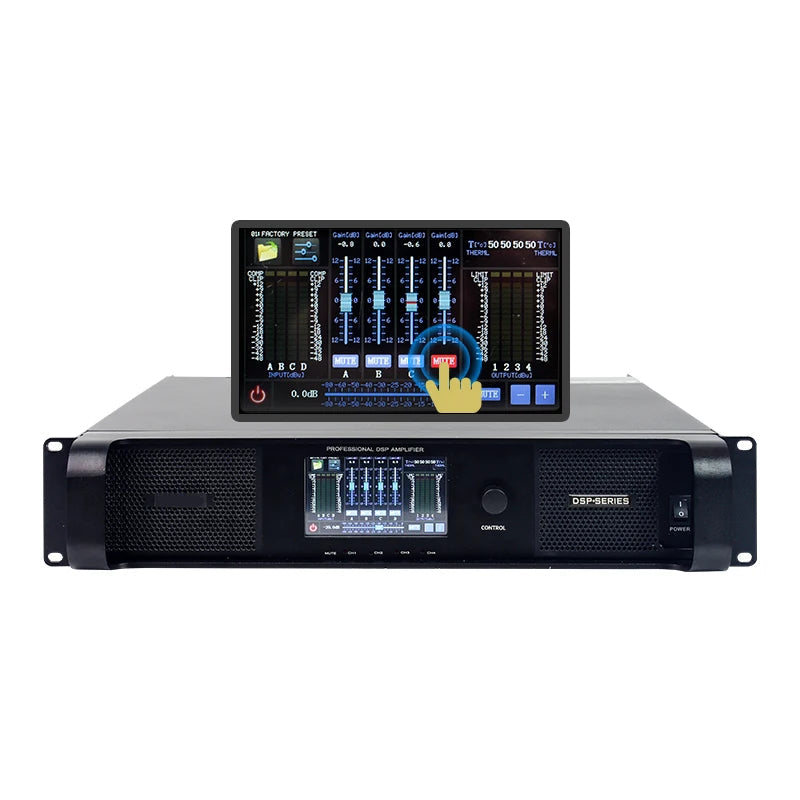 Touchscreen DSP interface showing parametric EQ settings