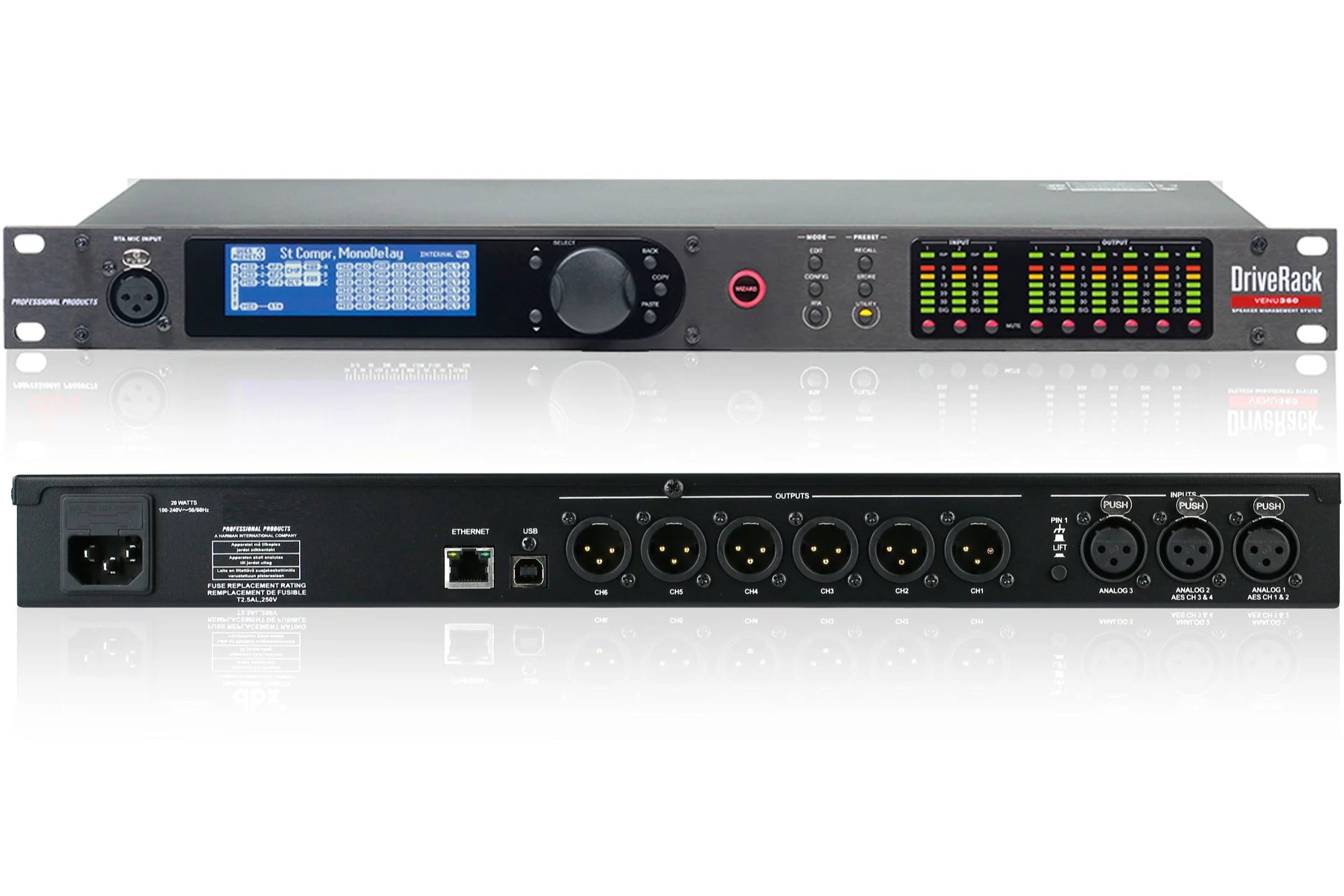 Digital speaker management system with 3 inputs, 6 outputs, AutoEQ and DSP control – front and back panel view