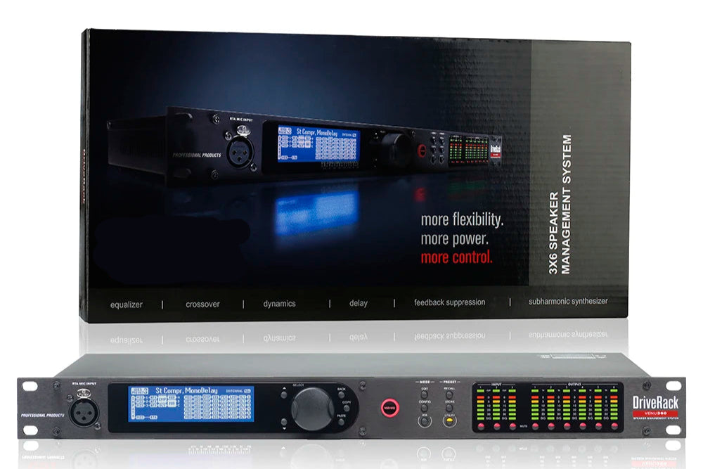 Digital speaker management system with 3 inputs, 6 outputs, AutoEQ and DSP control – front panel view