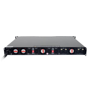 Compact 1U GaN digital amplifier rear panel with XLR inputs and Speakon outputs