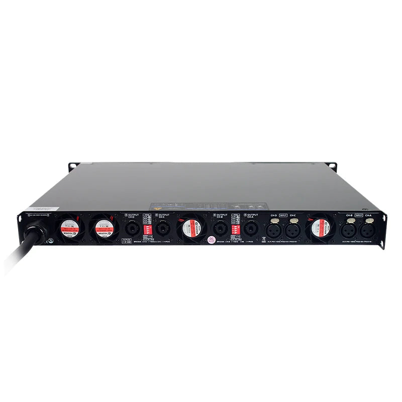 Compact 1U GaN digital amplifier rear panel with XLR inputs and Speakon outputs