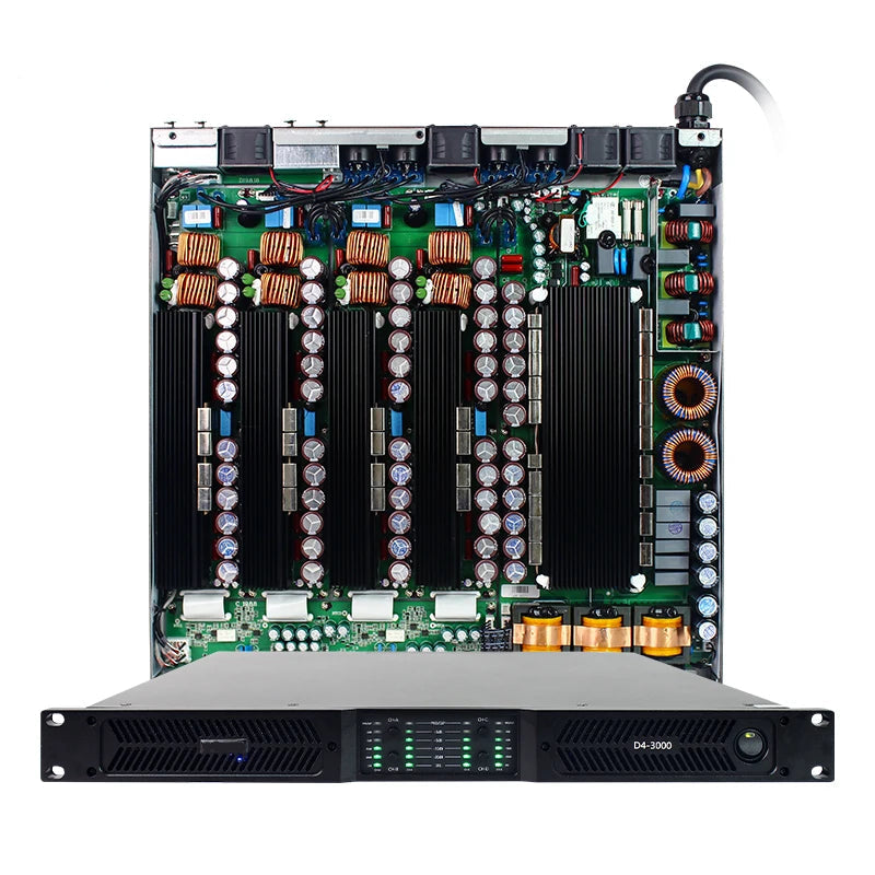 4-channel amplifier front panel with LED indicators and status monitoring inner view
