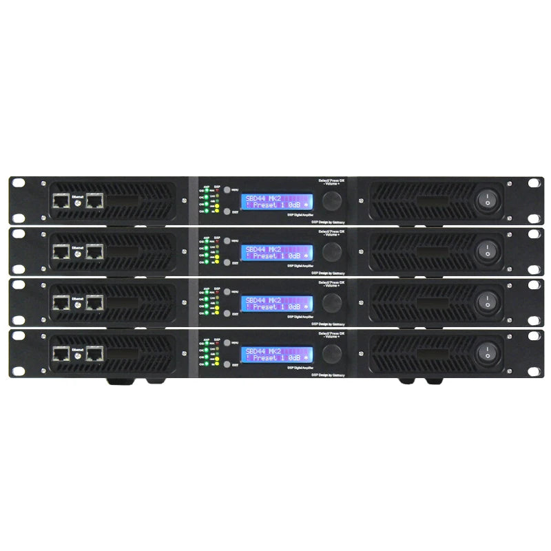 4 Professional 4-channel amplifier front panel with LED indicators and status monitoring