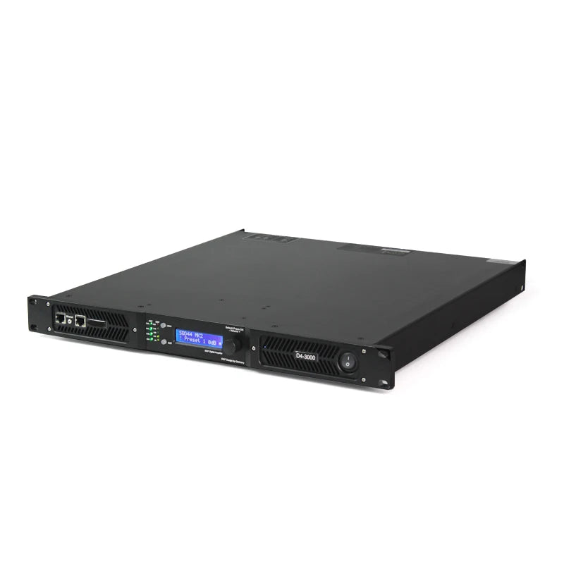 Compact 1U digital amplifier rear panel with Neutrik connectors and cooling system