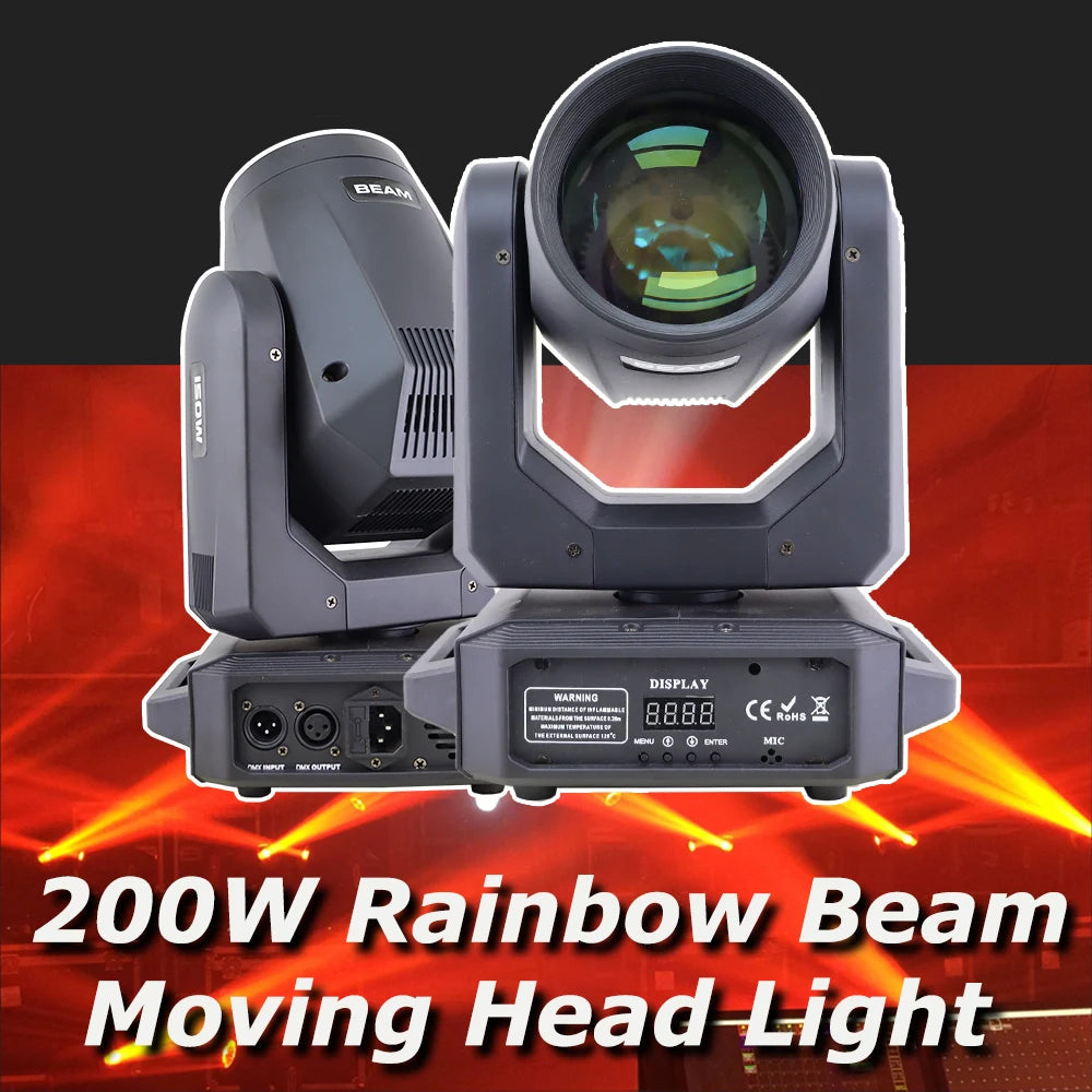 Professional 200W LED moving head light projecting a bright beam with rotating prisms and colorful gobo patterns on a dark stage. Ideal for concerts, clubs, and events. Front/rear view of 200W LED Moving Head: Dual Beam/Spot, 18 prisms, 12 gobo patterns, Rainbow Effect – DMX512 compatible.