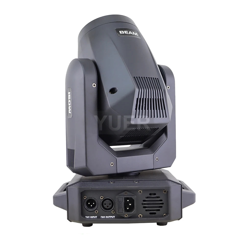 Rear view of Professional 200W LED Moving Head Light showing connection panel (power, DMX, Ethernet) with bright beam, rotating prisms, and gobo patterns on a dark stage – ideal for stage setups