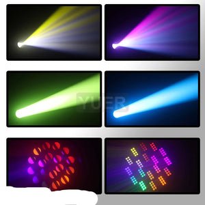 Professional 200W LED moving head light projecting a bright beam with rotating prisms and colorful gobo patterns on a dark stage. Ideal for concerts, clubs, and events. 200W LED moving head light: 6 effects (prisms, gobos, RGB, beam, strobe, fog) – dark stage demo for concerts/clubs