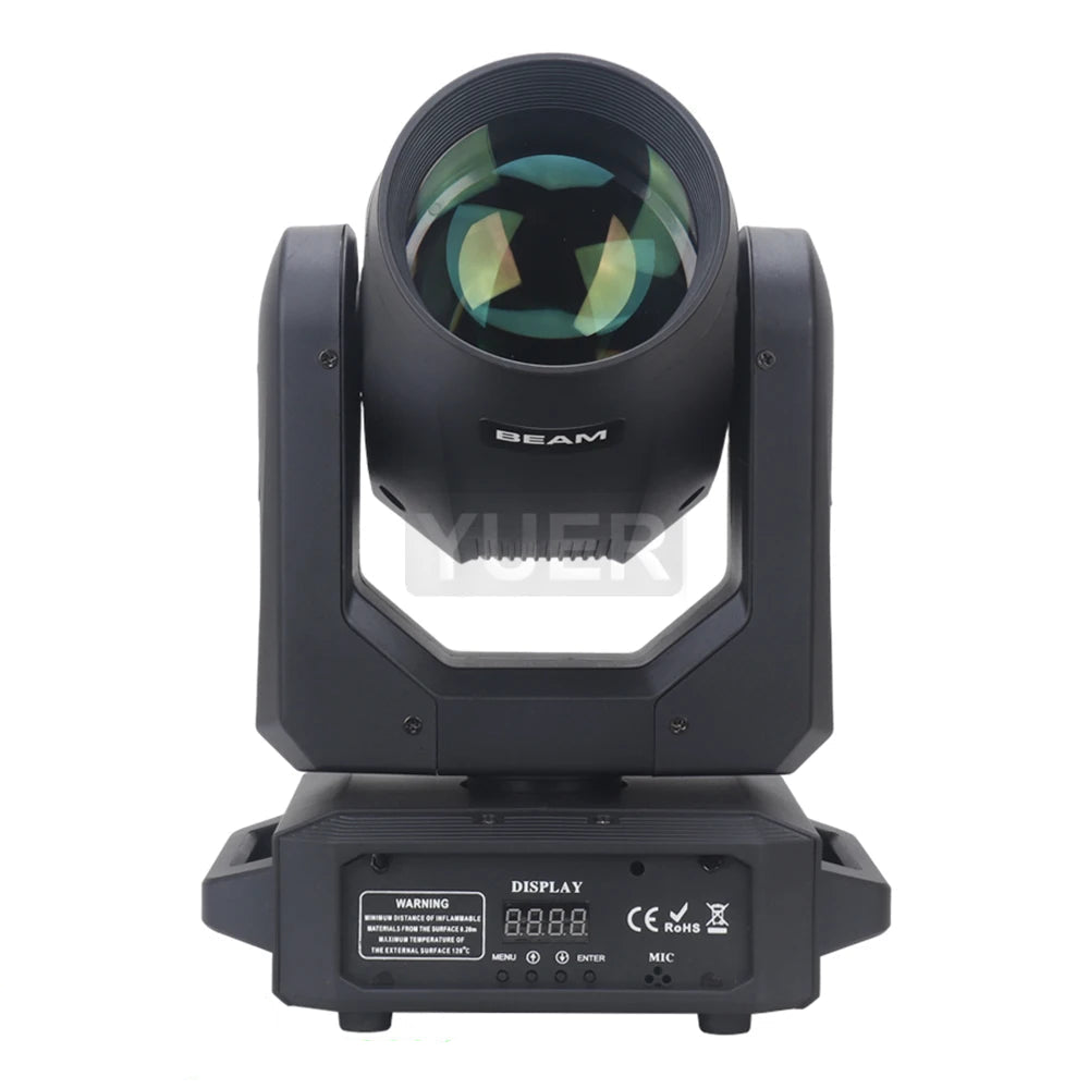 Professional 200W LED moving head light projecting a bright beam with rotating prisms and colorful gobo patterns on a dark stage. Ideal for concerts, clubs, and events. Front view of Professional 200W LED Moving Head Light – Control panel with Dual Beam/Spot mode, prism/gobo selection, and Rainbow Effect settings
