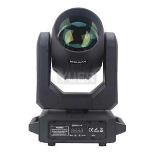 Professional 200W LED moving head light projecting a bright beam with rotating prisms and colorful gobo patterns on a dark stage. Ideal for concerts, clubs, and events. Front view of Professional 200W LED Moving Head Light – Control panel with Dual Beam/Spot mode, prism/gobo selection, and Rainbow Effect settings