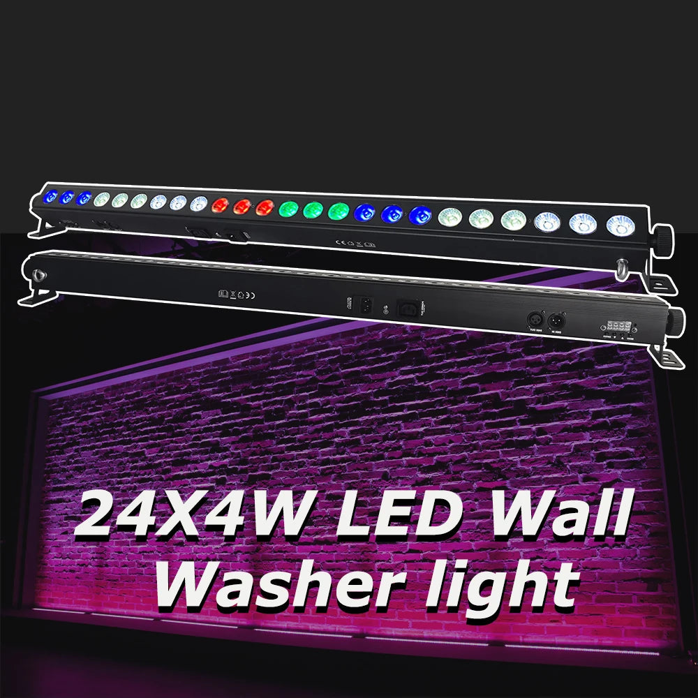 Professional RGBW DMX LED bar illuminating a stage with vibrant color gradients and dynamic lighting effects during a live performance. back front view  mit specification