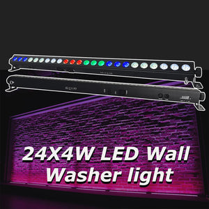Professional RGBW DMX LED bar illuminating a stage with vibrant color gradients and dynamic lighting effects during a live performance. back front view  mit specification