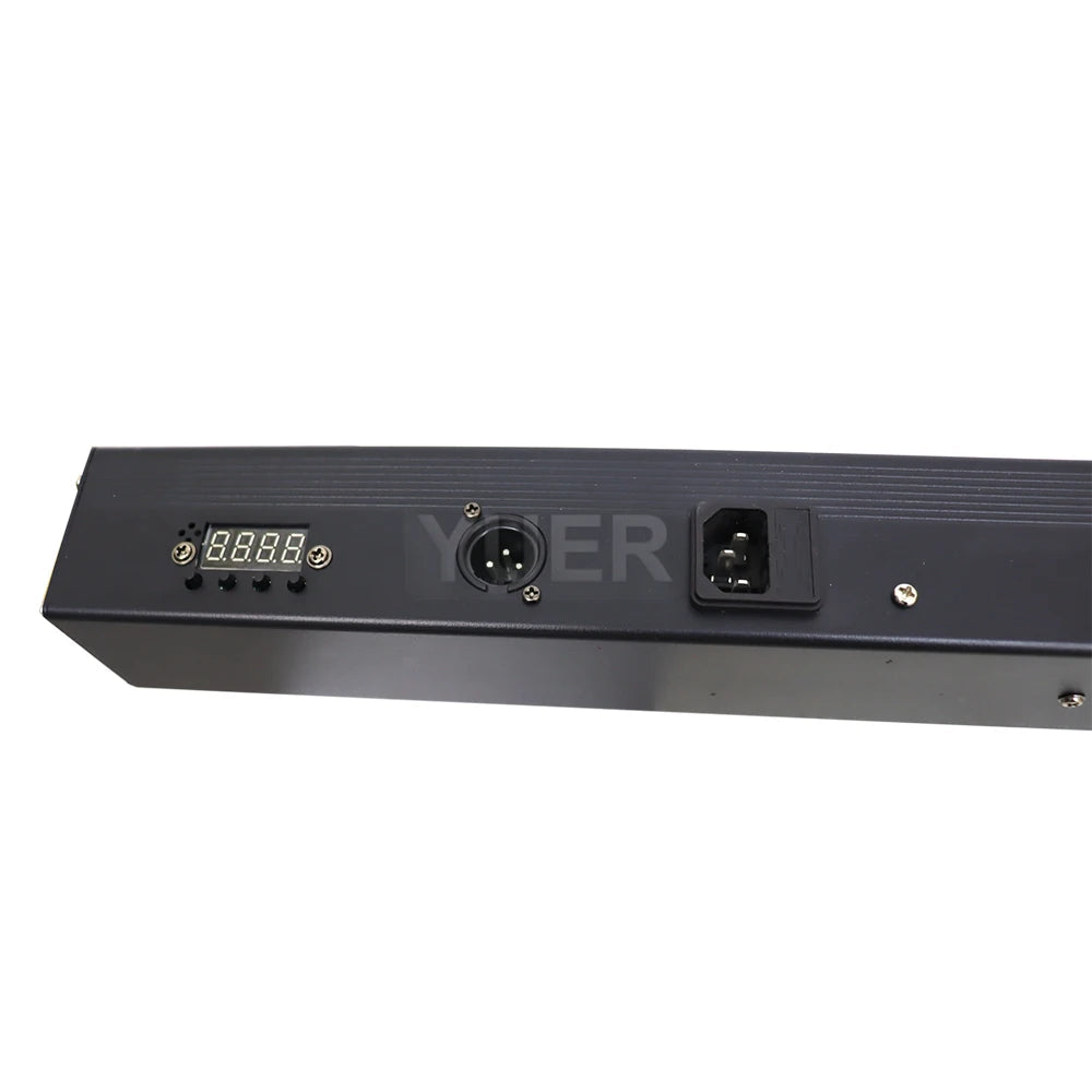 Professional RGBW DMX LED bar illuminating a stage with vibrant color gradients and dynamic lighting effects during a live performance. back with connectors