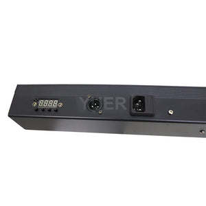 Professional RGBW DMX LED bar illuminating a stage with vibrant color gradients and dynamic lighting effects during a live performance. back with connectors