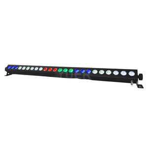 Professional RGBW DMX LED bar illuminating a stage with vibrant color gradients and dynamic lighting effects during a live performance. front with lights