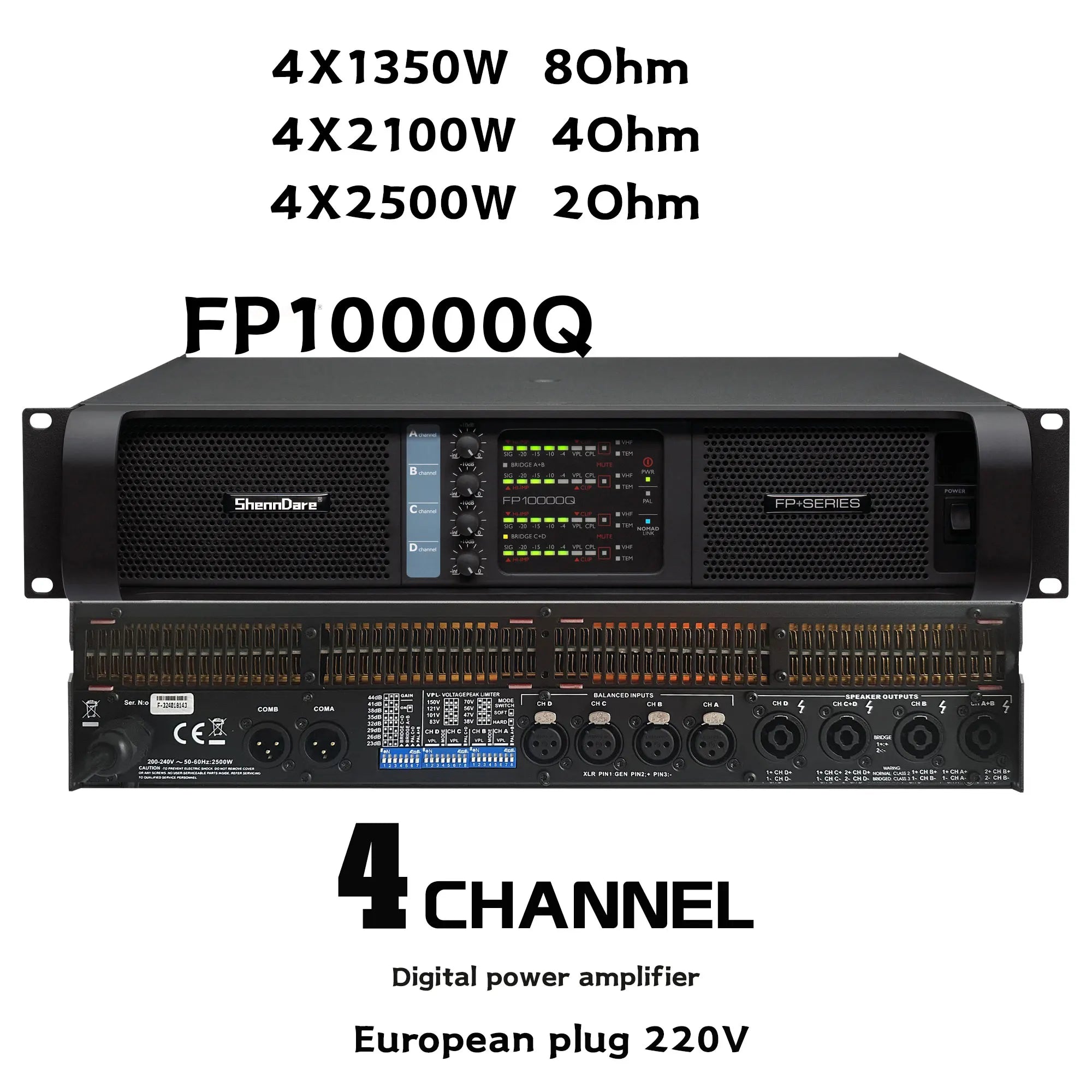 FP Series Amplifier front and rear view with Speakon connections and XLR inputs