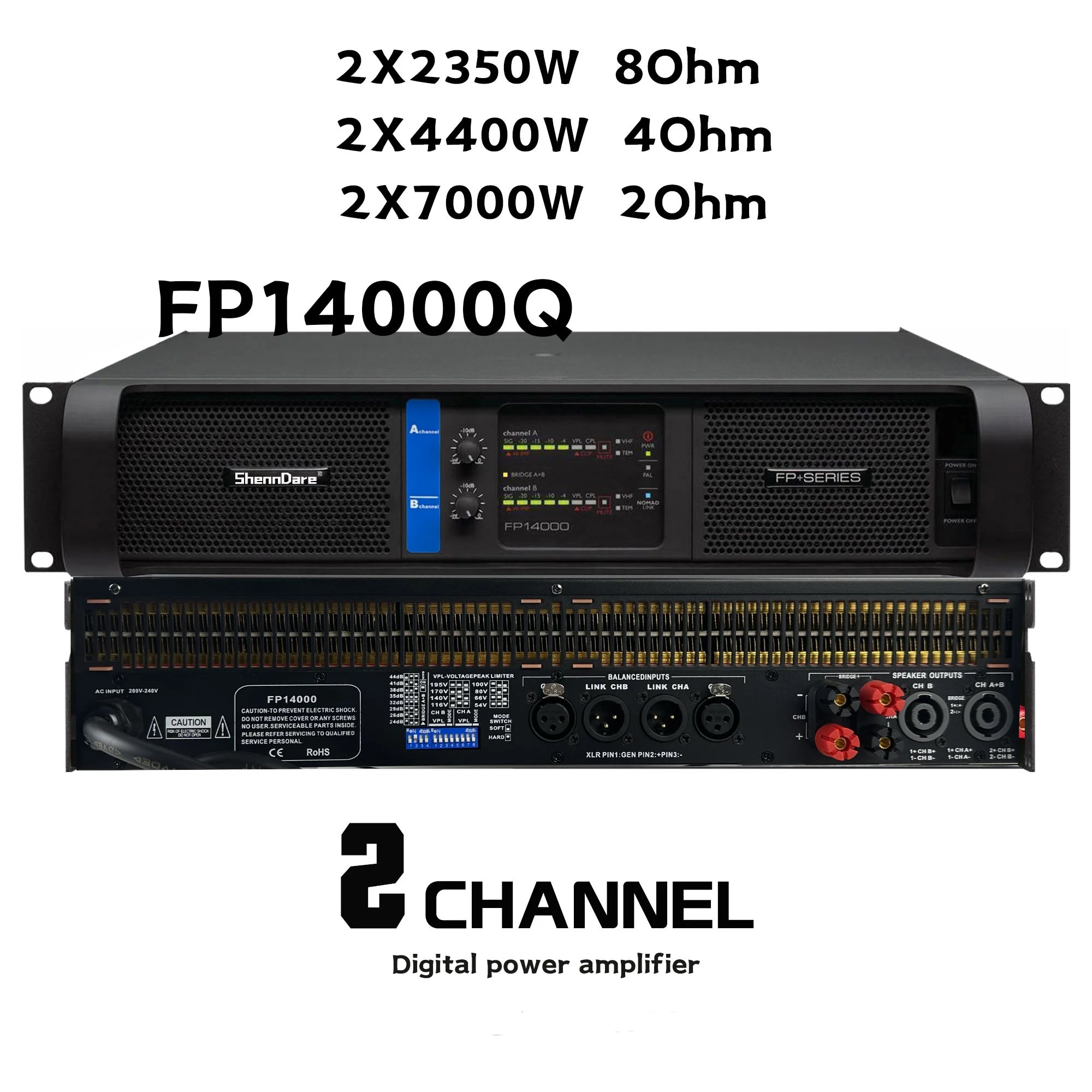 FP14000Q Series Amplifier front and rear view with Speakon connections and XLR inputs
