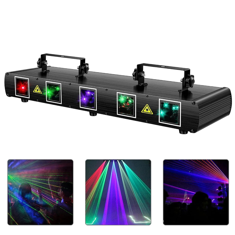 RGBYC Five-Aperture Laser Projector with multicolored light patterns on dark stage