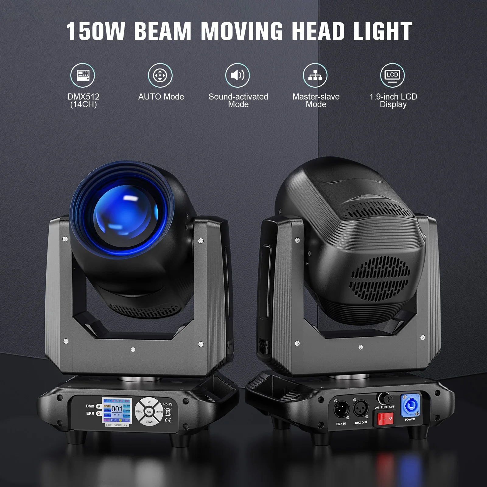 Four black 80W RGBW DMX stage lights projecting dynamic colors and effects, shown with remote control and mounting brackets for easy setup. Front-facing product image with highlighted specifications