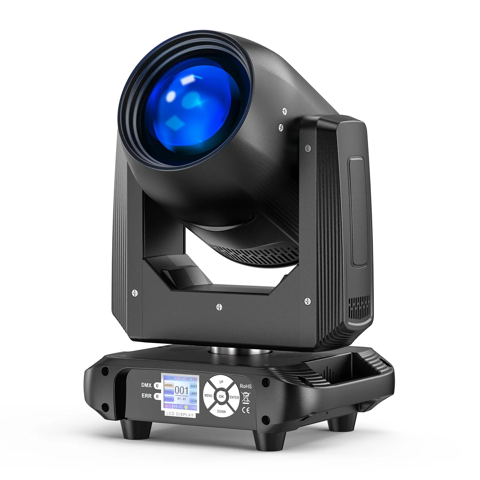 Stage Lighting Moving Head Light in Action: Powerful LED beam with rainbow effect and prism projections on a dark stage. Ideal for events and live performances. Front view of the product. Control panel view with settings options