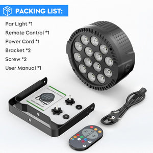 Four black 80W RGBW DMX stage lights projecting dynamic colors and effects, shown with remote control and mounting brackets for easy setup. Packing List  view