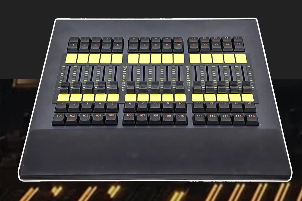 Professional DMX lighting controller with 2048 parameters, dual DMX outputs, and a portable design. Features intuitive faders, buttons, and a rugged build for stage and event use. front view