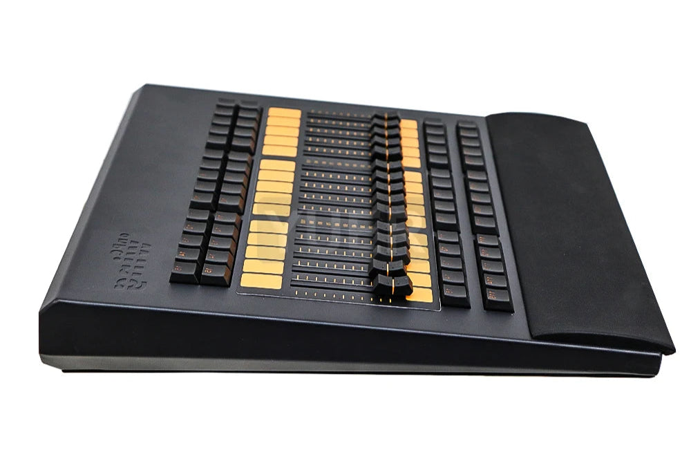 Professional DMX lighting controller with 2048 parameters, dual DMX outputs, and a portable design. Features intuitive faders, buttons, and a rugged build for stage and event use. side view