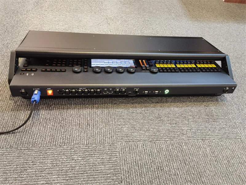 Professional lighting console connectivity panel with multiple DMX outputs
