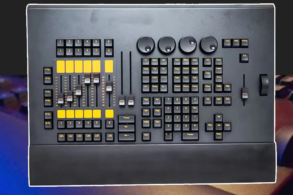 Professional DMX lighting controller console with 2048 parameters and portable design, operated by a technician during a live event. Ideal for stage and event lighting. front view