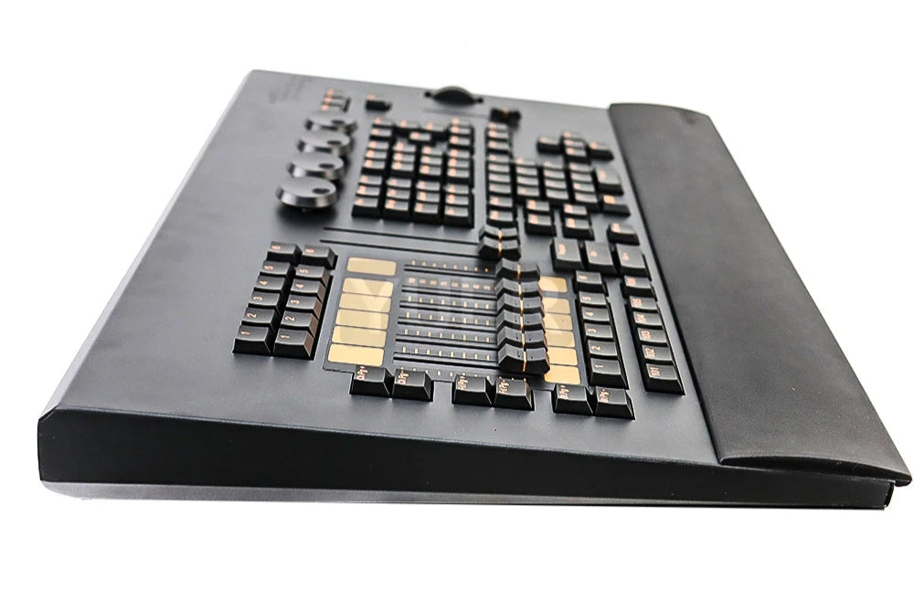 Professional DMX lighting controller console with 2048 parameters and portable design, operated by a technician during a live event. Ideal for stage and event lighting. side view
