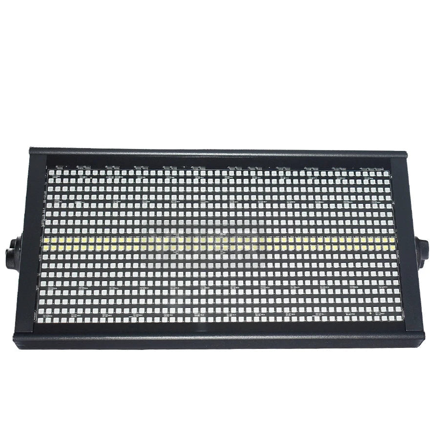 High-intensity RGBW DMX512 strobe light illuminating a stage with vibrant colors and strobe effects, ideal for concerts, clubs, and professional events. front view
