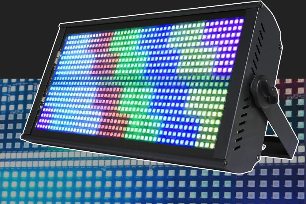 High-intensity RGBW DMX512 strobe light illuminating a stage with vibrant colors and strobe effects, ideal for concerts, clubs, and professional events. front view with light