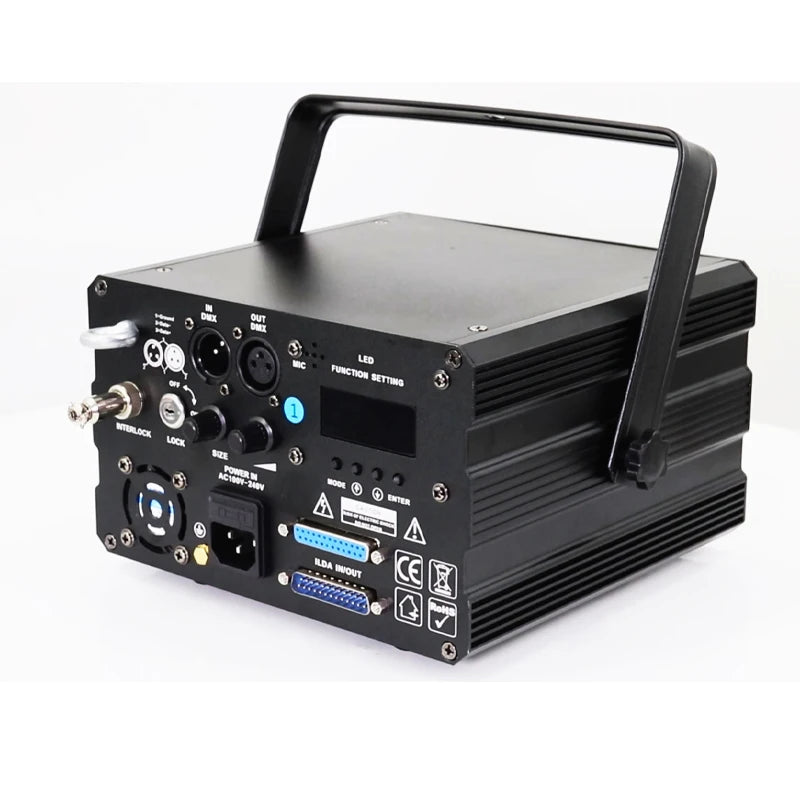 Rear panel of the RGB Laser Projector with DMX, ILDA, and power connectors
