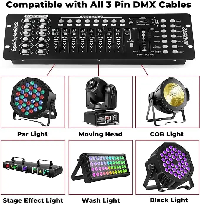 Professional stage lighting console with DMX control and programmable scenes