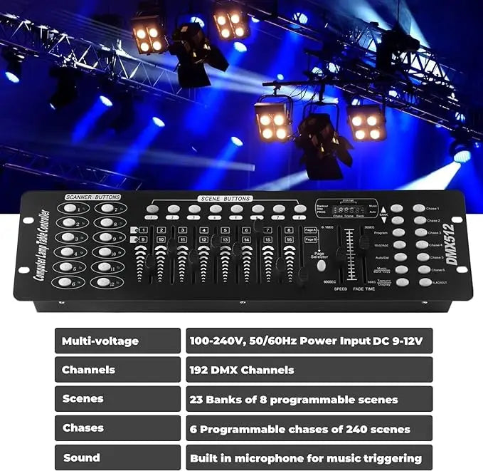 Professional stage lighting console with DMX control and programmable scenes