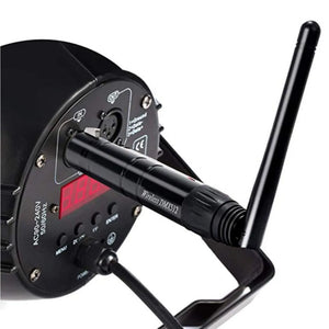 Wireless DMX controller connected to stage lighting fixtures for concert performance